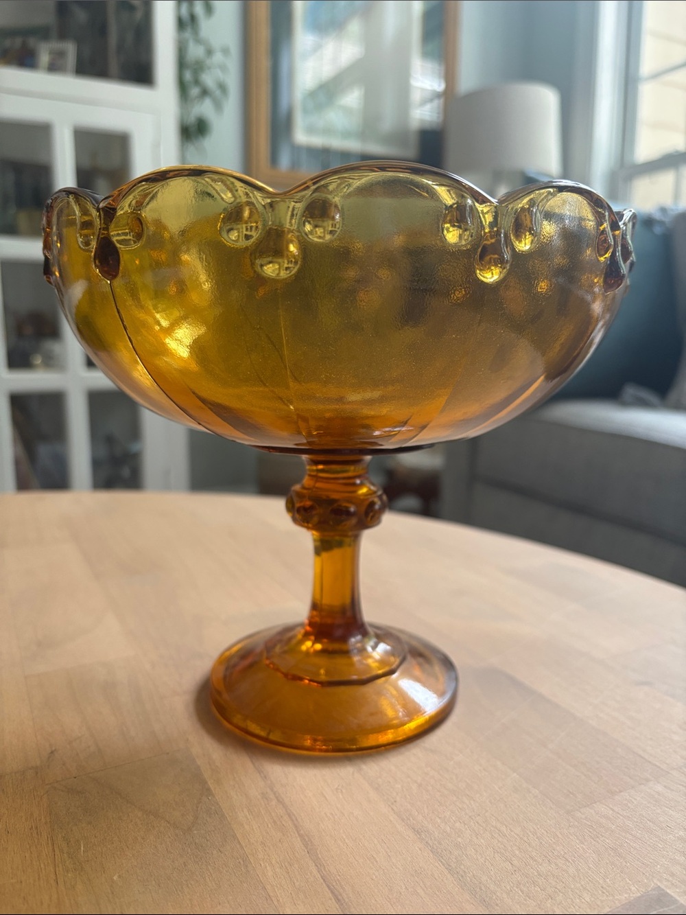 Vintage Indiana Glass Amber Teardrop Pedestal Compote Fruit Bowl Large 8” Wide